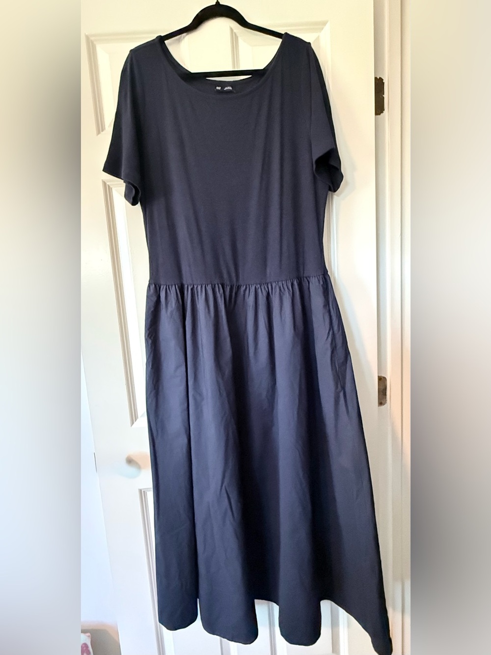 GAP Navy Short-Sleeve Ribbed Mixed Media Maxi Dress